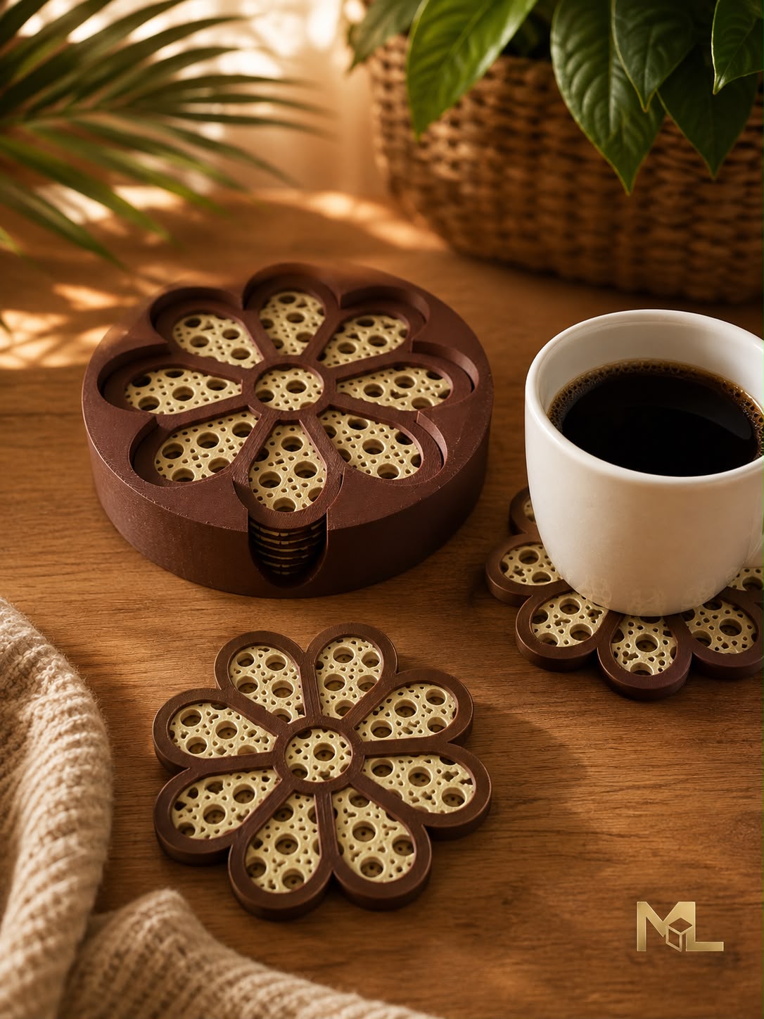 Conjunto de Bases de Copos Flower Rattan (8 Peças)
