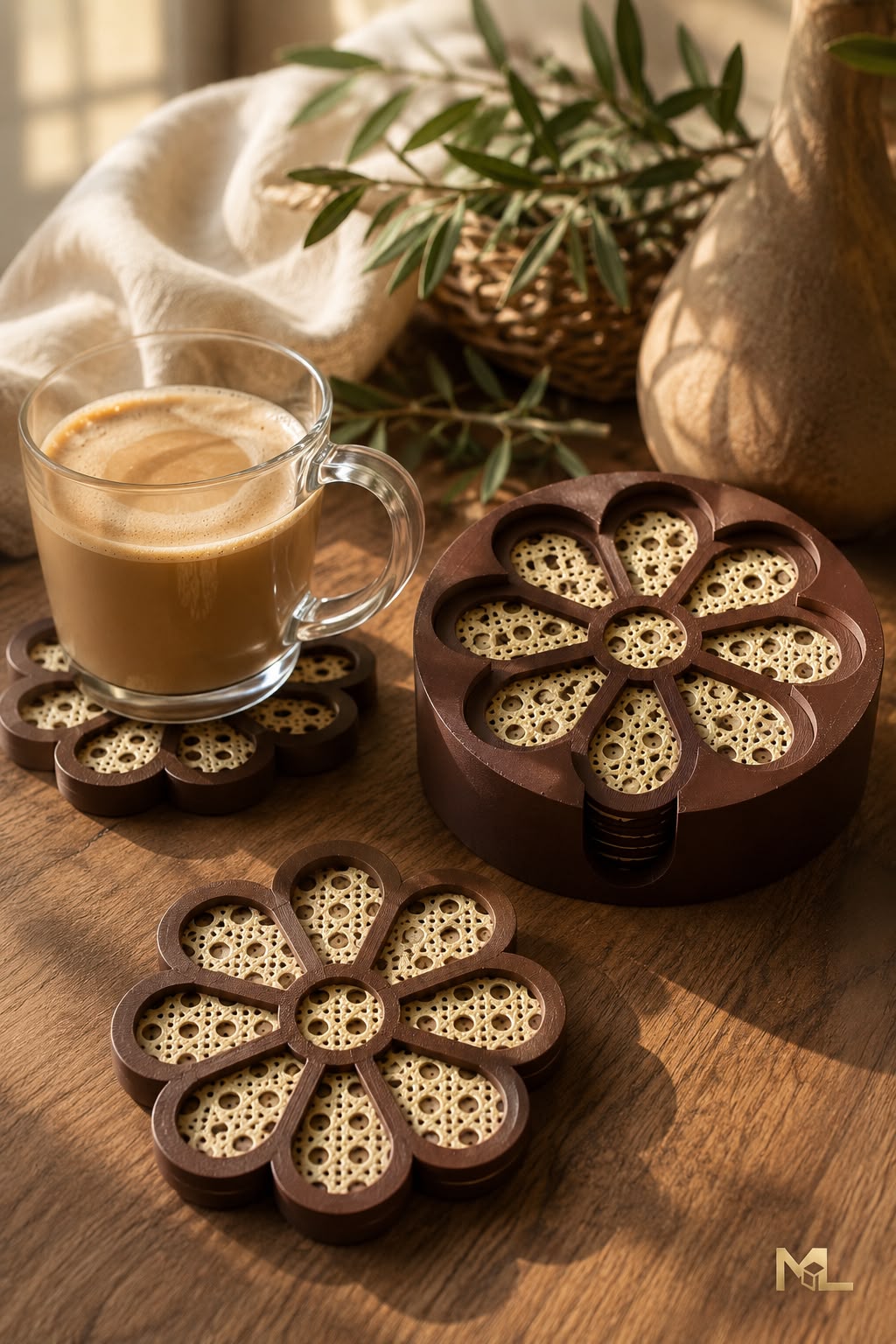 Conjunto de Bases de Copos Flower Rattan (8 Peças)